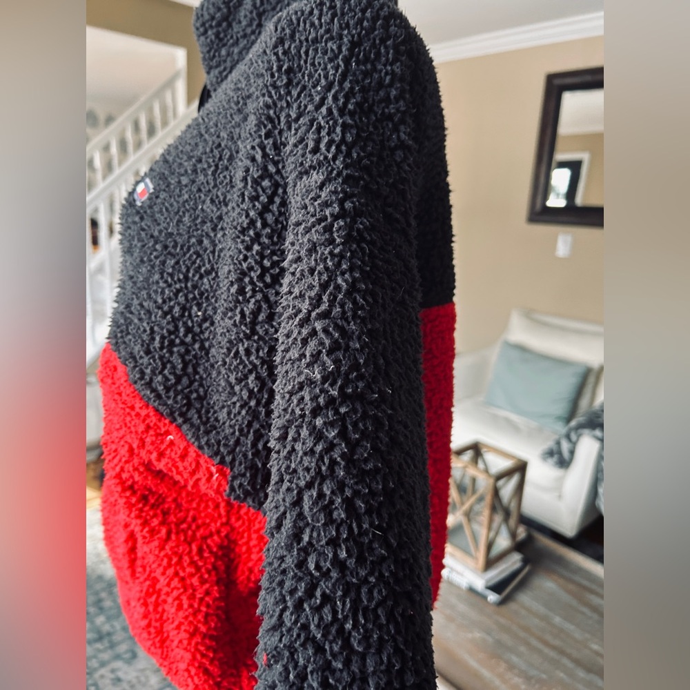 Tommy Hilfiger Sherpa Fleece Quarter Zip Pullover Colorblock Black Red Kids XL - Picture 7 of 12
